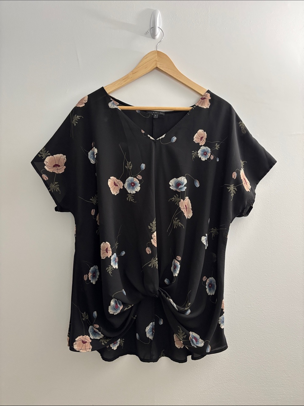 West Kei Black Floral Front-Twist Blouse